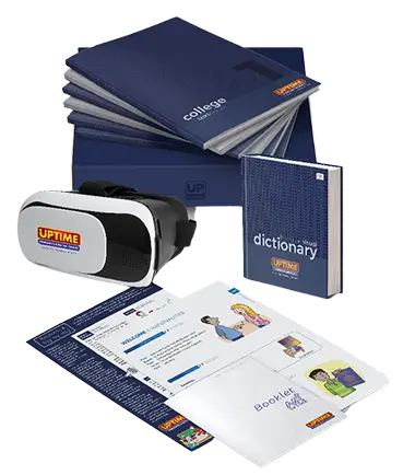 Kit de estudos com dicionário, caderno e livros, ideal para aprendizado contínuo.